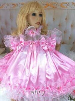 Sian Ravelle Luxury Pink Satin Organza Frilly Tv Adult Baby Doll Sissy Dress Set