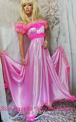Sian Ravelle luxury Sissy Baby Pink Satin Frilly Organza Long Gown Nightdress