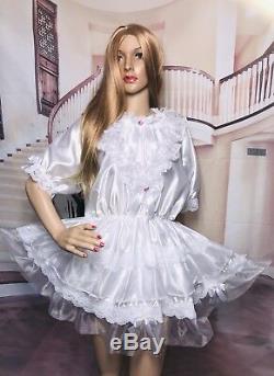Silky Satin & Lace Sissy Maid Frilly Short Dress Negligee Adult Baby Cd/tv