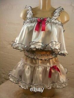 Sissy ADULT baby premium white satin frilly cami & Skirt set