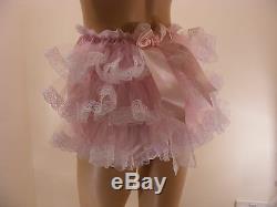 Sissy Adult Baby Pink Satin Frilly Bum Diaper Cover Panties Waterproof Option