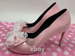 Sissy Maid Heels Baby Pink With Detachable Bow With White Trim Size 45 Wide US12