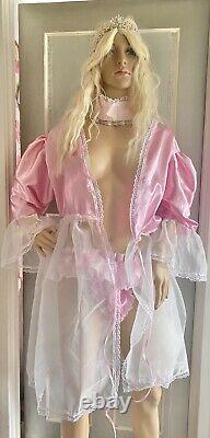 Sissy Satin 4 Piece Set Panties Bra Top Robe & Collar Gloss Satin & Lace
