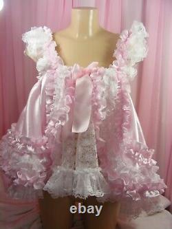 Sissy adult baby white pink lace frilly ruffled baby doll nightie negligee dress