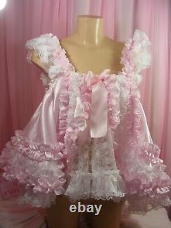 Sissy adult baby white pink lace frilly ruffled baby doll nightie negligee dress