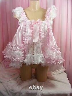 Sissy adult baby white pink lace frilly ruffled baby doll nightie negligee dress