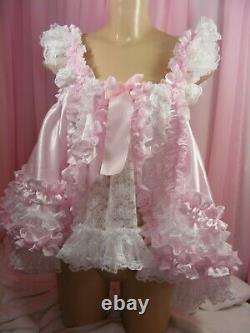 Sissy adult baby white pink lace frilly ruffled baby doll nightie negligee dress