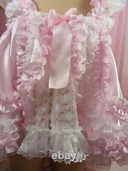 Sissy adult baby white pink lace frilly ruffled baby doll nightie negligee dress