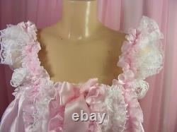 Sissy adult baby white pink lace frilly ruffled baby doll nightie negligee dress