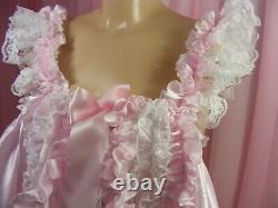 Sissy adult baby white pink lace frilly ruffled baby doll nightie negligee dress