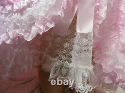 Sissy adult baby white pink lace frilly ruffled baby doll nightie negligee dress