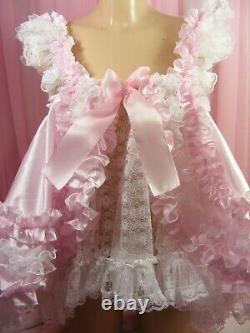 Sissy adult baby white pink lace frilly ruffled baby doll nightie negligee dress