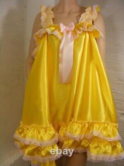 Sissy dress ADULT YELLOW satin babydoll negligee nighty fancy dress cosplay