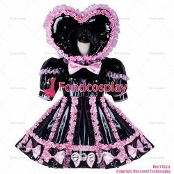Sissy maid baby black thin PVC Dress lockable heart hood pink Bowknot CDG2347