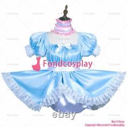 Sissy maid baby blue satin dress lockable Uniform jumpsuits rompers CD/TVG3755