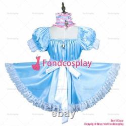 Sissy maid baby blue satin dress lockable Uniform jumpsuits rompers CD/TVG3755