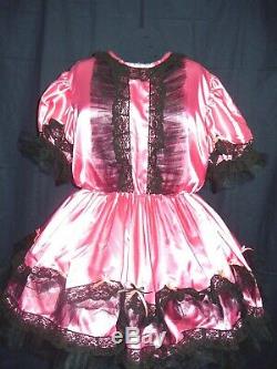 Sissymaidsadult Babyunisexcd/tv Bright Pink Satin & Black Lace Trim Dress