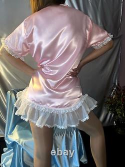 VTG Satin Shiny Sissy Ruffled Sheer Nylon Pink FRILLY Babydoll Nightgown 42