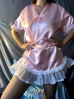 VTG Satin Shiny Sissy Ruffled Sheer Nylon Pink FRILLY Babydoll Nightgown 42
