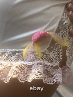 Vtg Silky Frilly Sissy Candy Lace Ruffled Pink Teddy Lemon Drops Drag Romper M