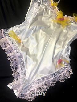 Vtg Silky Frilly Sissy Candy Lace Ruffled Pink Teddy Lemon Drops Drag Romper M
