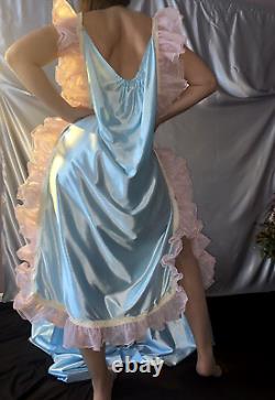 Vtg Silky Nylon Adult Baby Nightgown Pjs baby Blue Sissy Frilly Pink Ruffles OS