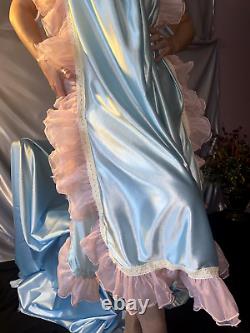 Vtg Silky Nylon Adult Baby Nightgown Pjs baby Blue Sissy Frilly Pink Ruffles OS