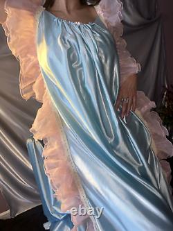 Vtg Silky Nylon Adult Baby Nightgown Pjs baby Blue Sissy Frilly Pink Ruffles OS