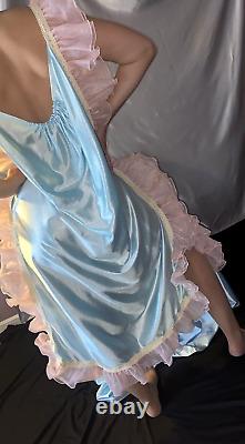 Vtg Silky Nylon Adult Baby Nightgown Pjs baby Blue Sissy Frilly Pink Ruffles OS