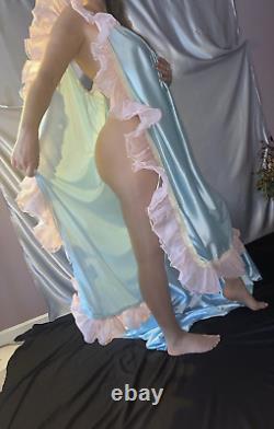 Vtg Silky Nylon Adult Baby Nightgown Pjs baby Blue Sissy Frilly Pink Ruffles OS