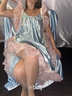 Vtg Silky Nylon Adult Baby Nightgown Pjs baby Blue Sissy Frilly Pink Ruffles OS