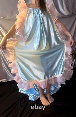 Vtg Silky Nylon Adult Baby Nightgown Pjs baby Blue Sissy Frilly Pink Ruffles OS